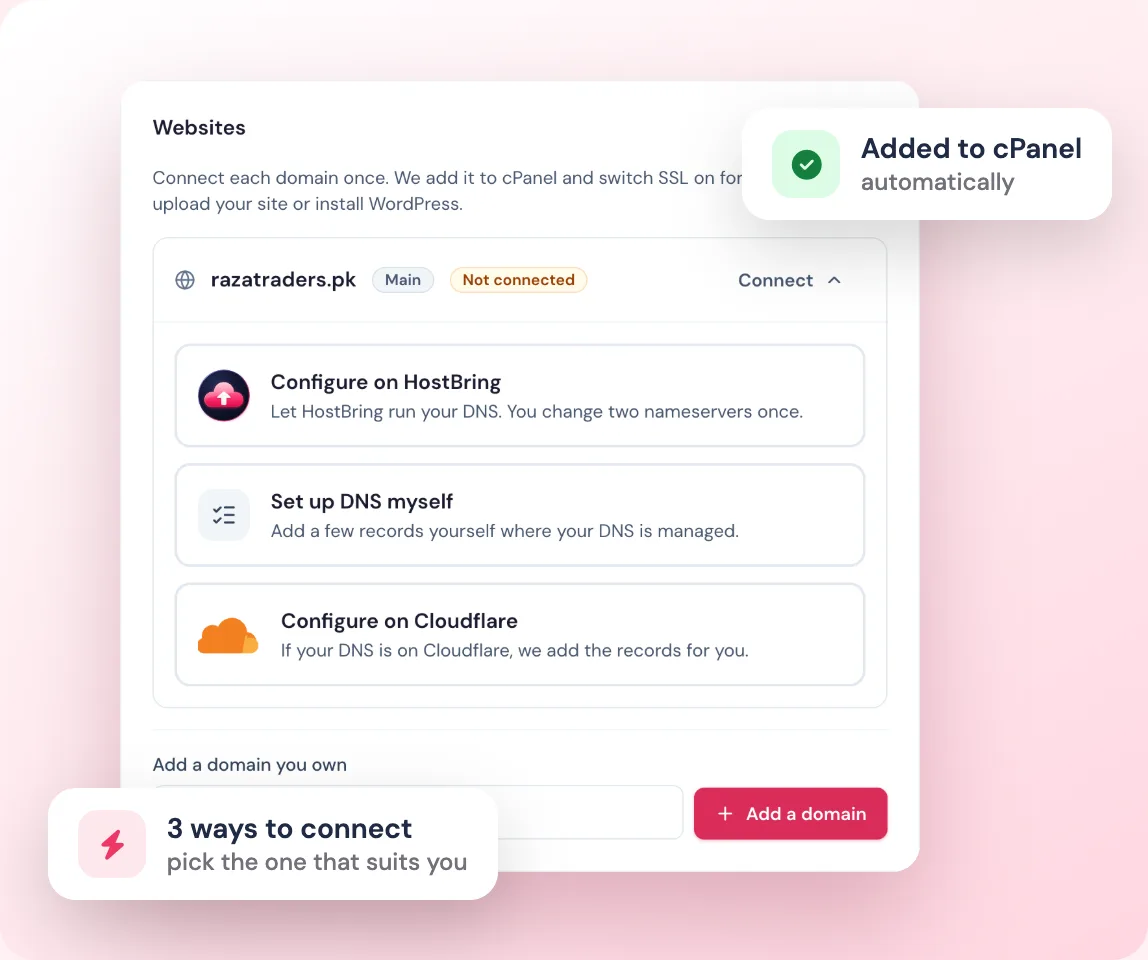 Connect a domain in the HostBring client portal: Configure on HostBring, Set up DNS myself or Configure on Cloudflare